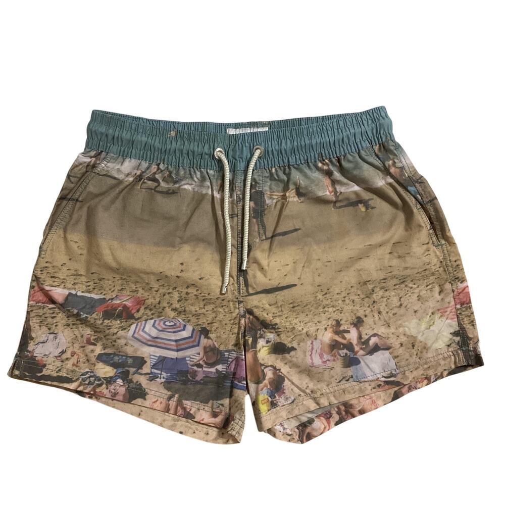 Atalaye Men Swimwear M Beige Swim Trunks Graphic Print Beach Scene MARE Logo 3.5